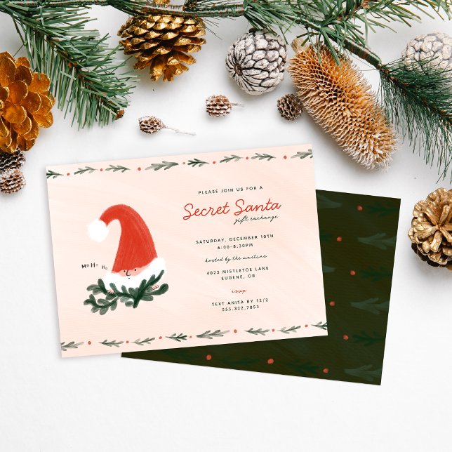 Secret Santa Party Gift Exchange Swap Invitation (Cute secret Santa party invitation with little Santa illustration )