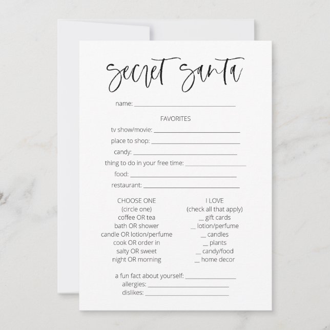 Secret Santa Questionnaire Christmas Games Fun  Invitation (Front)