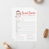 Secret Santa Questionnaire Gift Exchange Party