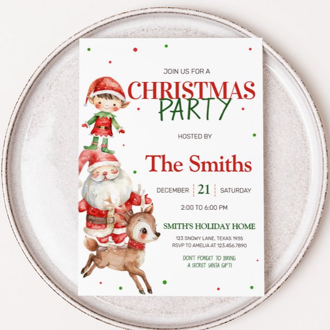 Secret Santa Reindeer Elf Kids Christmas Party Invitation (Santa Reindeer Elf Kids Christmas Party Invitation)