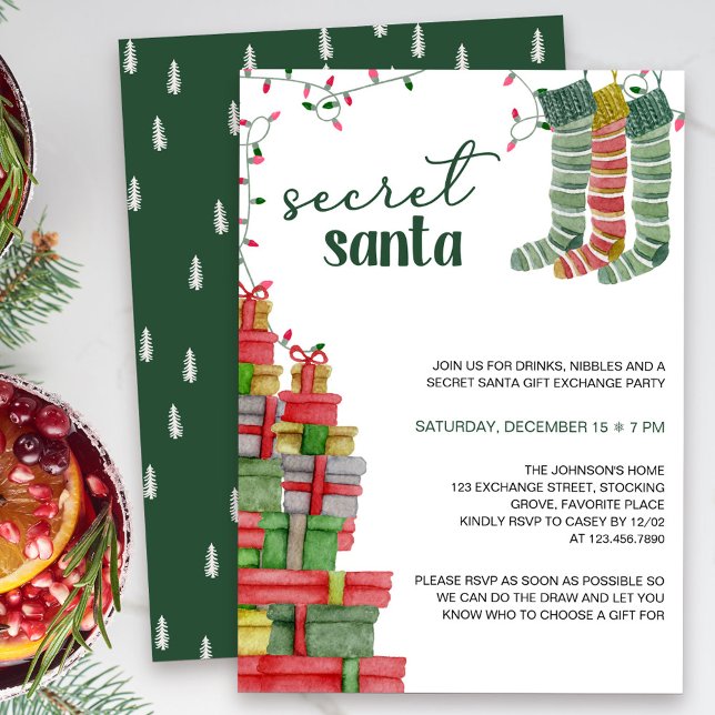Secret Santa Stockings and Presents Holiday Invitation (Secret Santa Holiday Gift Exchange Invitation)