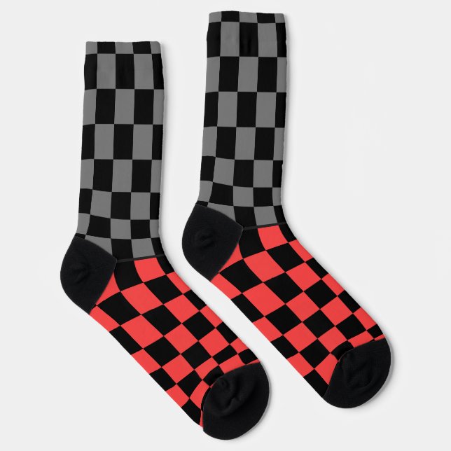 Secretly Wild check grey red on black Socks (Right)