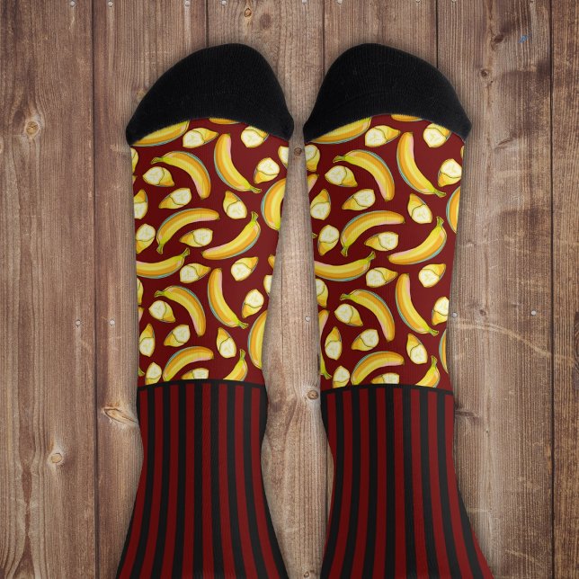 Secretly Wild stripes with bananas, on red Socks (Creator Uploaded)