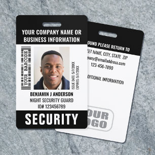 Security Guard Custom ID Photo Name Barcode Black ID Badge