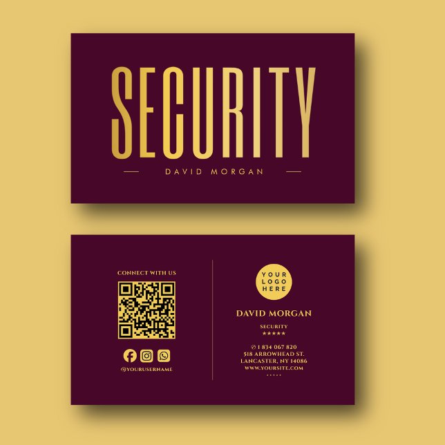 Security QR Code Logo Burgundy And Gold  Business Card (Creator Uploaded)
