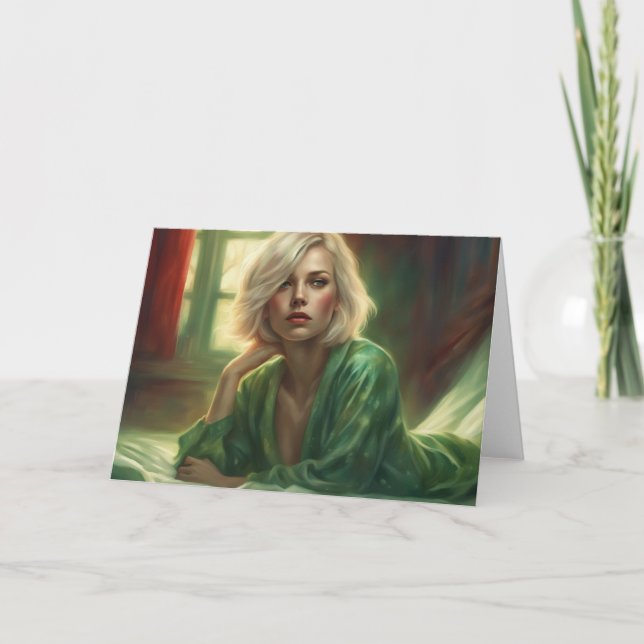 Seductive Blonde in Green Valentine's Day Card (Front)