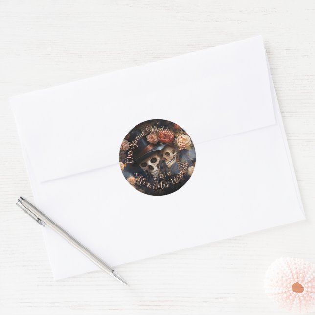 Seductive Skeletons Romantic Kiss Gothic Wedding Classic Round Sticker (Envelope)