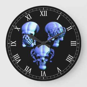 See, Hear, Speak No Evil Skull Roman Numeral Clock