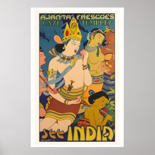 See India Ajanta Frescoes Cave Temples Vintage Poster