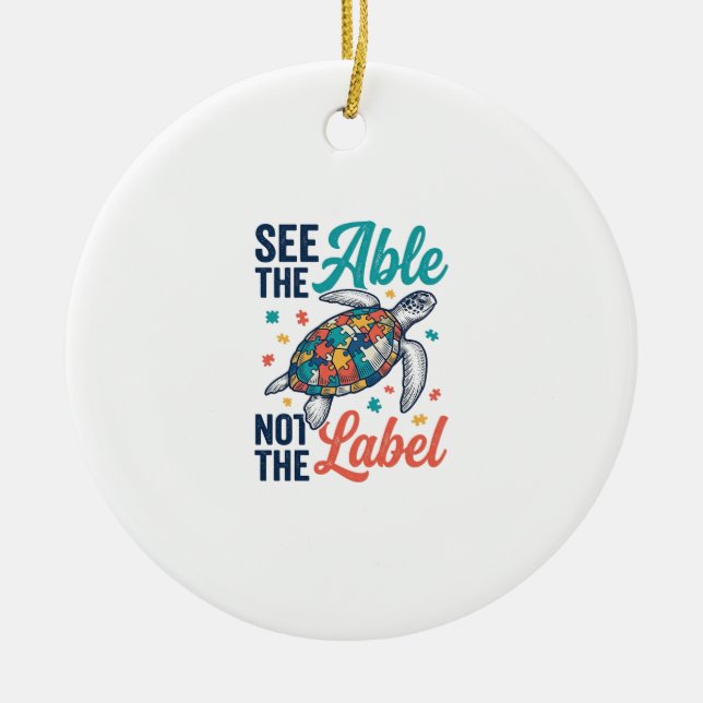 See the Able Turtle Puzzle Awareness Shirt Design_ Ceramic Tree Decoration (Front)