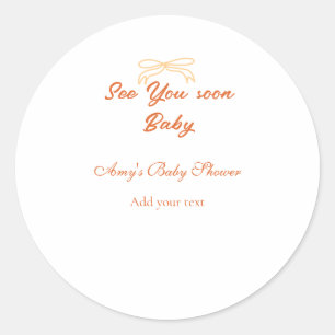 see you soon baby orange red bow baby shower name classic round sticker