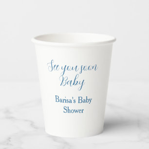see you soon baby shower blue name date simple paper cups
