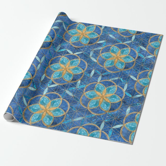 Seed of life in Flower of Life Pattern - Blues Wrapping Paper (Unrolled)
