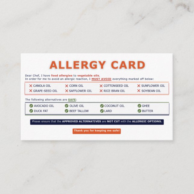 Seed Oil Allergy Card (Front)