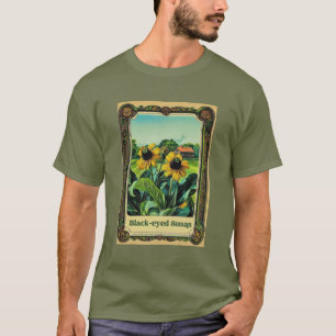 seed packet design of black eyed susans on olive c T-Shirt