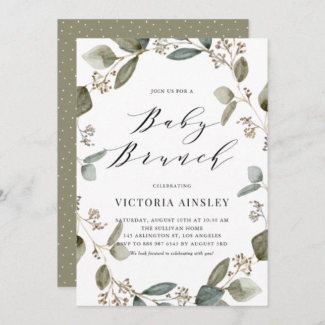 Seeded Eucalyptus Wreath Baby Shower Brunch Invitation (Front/Back)