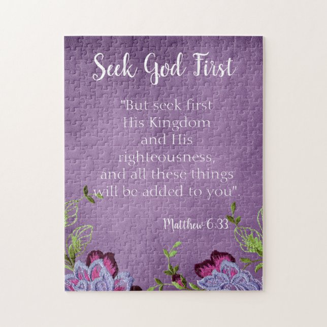 Seek God First Inspirational Purple Floral Jigsaw Puzzle (Vertical)