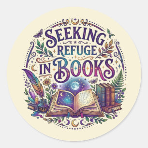 Seeking Refuge in Books Whimsical Celestial Mystic Classic Round Sticker