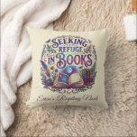 Seeking Refuge in Books Whimsical Celestial Mystic Cushion<br><div class="desc">This intricate whimsical design features the quote "Seeking Refuge in Books" surrounded by a celestial open book, glowing constellations, and mystical crystals. Perfect for book lovers and library enthusiasts, this artwork blends dark academia aesthetics with vibrant mystical elements and botanical floral accents. Step into a world of literary magic where...</div>