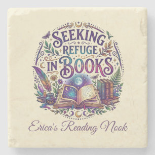 Seeking Refuge in Books Whimsical Celestial Mystic Stone Coaster