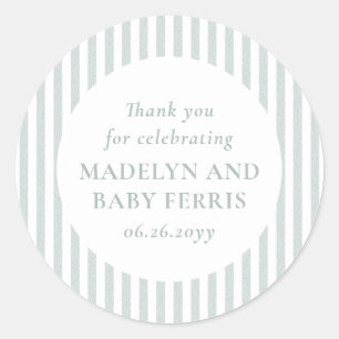 Seersucker stripe green white baby shower classic round sticker