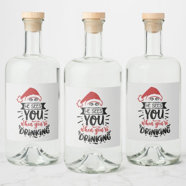 sees you drinking funny Christmas Santa  Liquor Bottle Label (Bottles)