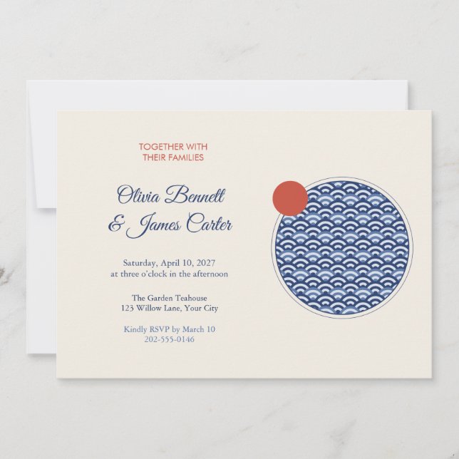 Seigaiha Wave Indigo Wedding Invitation (Front)