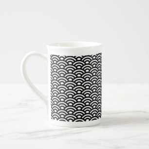 Seigaiha, Waves, Japanese, Black and White Bone China Mug