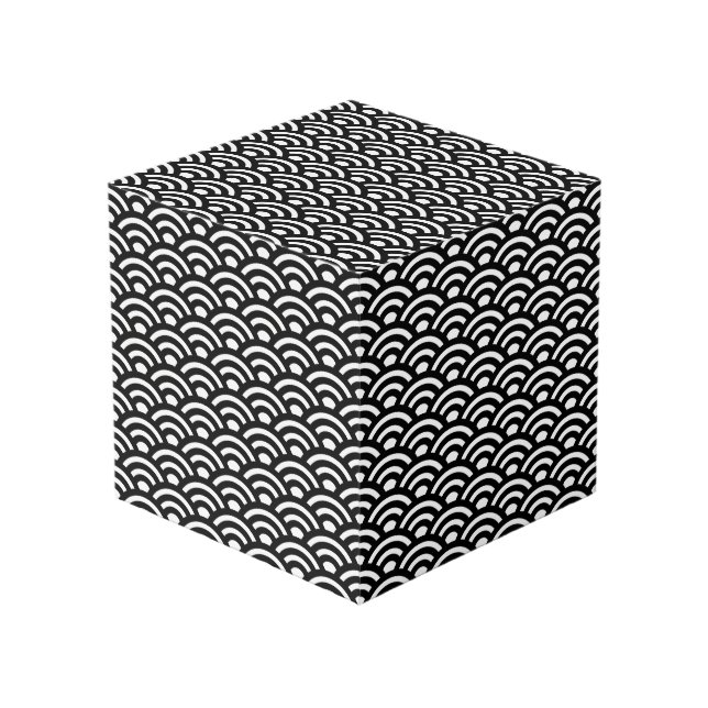 Seigaiha, Waves, Japanese, Black and White Cube (Front Angled)