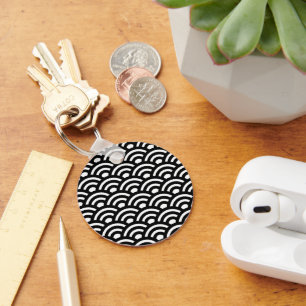 Seigaiha, Waves, Japanese, Black and White Key Ring