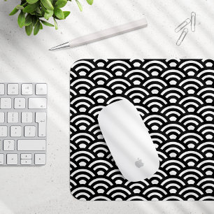 Seigaiha, Waves, Japanese, Black and White Mouse Pad