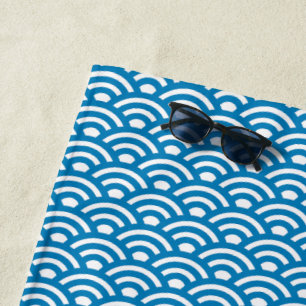 Seigaiha, Waves, Japanese, Blue and White Beach Towel
