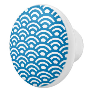 Seigaiha, Waves, Japanese, Blue and White Ceramic Knob