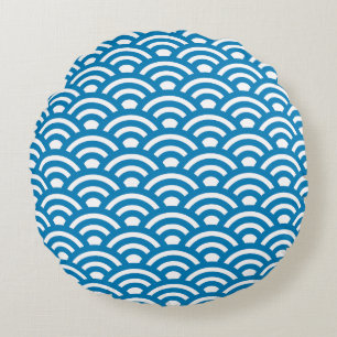 Seigaiha, Waves, Japanese, Blue and White Round Cushion