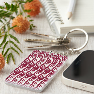 Seigaiha, Waves, Japanese, Burgundy and White Key Ring