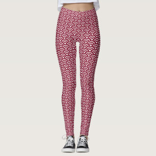 Seigaiha, Waves, Japanese, Burgundy and White Leggings