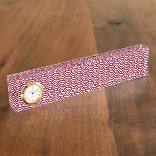 Seigaiha, Waves, Japanese, Burgundy and White Nameplate