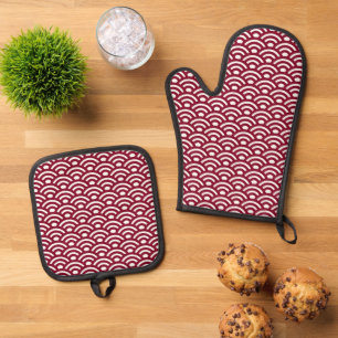Seigaiha, Waves, Japanese, Burgundy and White Oven Mitt & Pot Holder Set