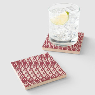 Seigaiha, Waves, Japanese, Burgundy and White Stone Coaster