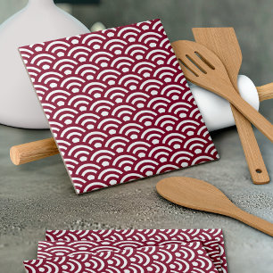 Seigaiha, Waves, Japanese, Burgundy and White Tile