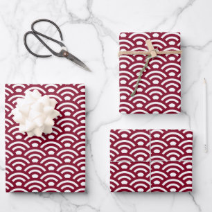 Seigaiha, Waves, Japanese, Burgundy and White Wrapping Paper Sheet