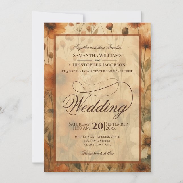 Seinna Boho Wildflowers Fancy Script Wedding Invitation (Front)