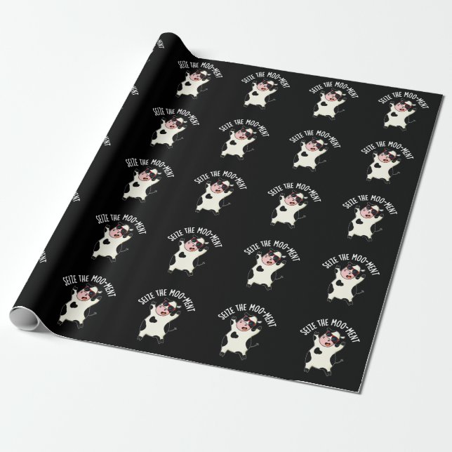 Seize The Mooment Funny Cow Pun Dark BG Wrapping Paper (Unrolled)