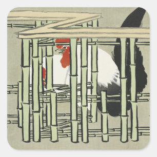 Sekka Roosters from Momoyogusa Japanese Art Square Sticker