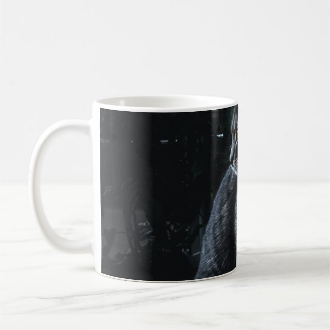 SELECTIVE FOCUS OF SILVER TABBY CAT COFFEE MUG (Left)