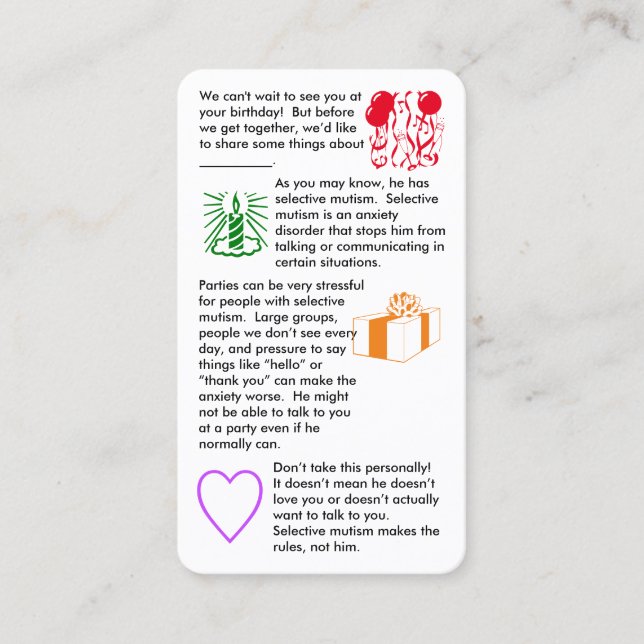 Selective Mutism Birthday Boy Business Card (Front)