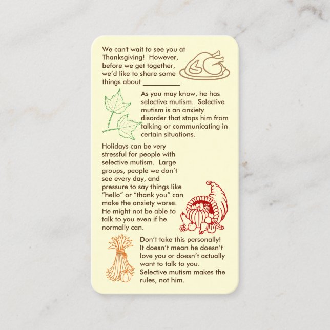 Selective Mutism Thanksgiving Boy Business Card (Front)