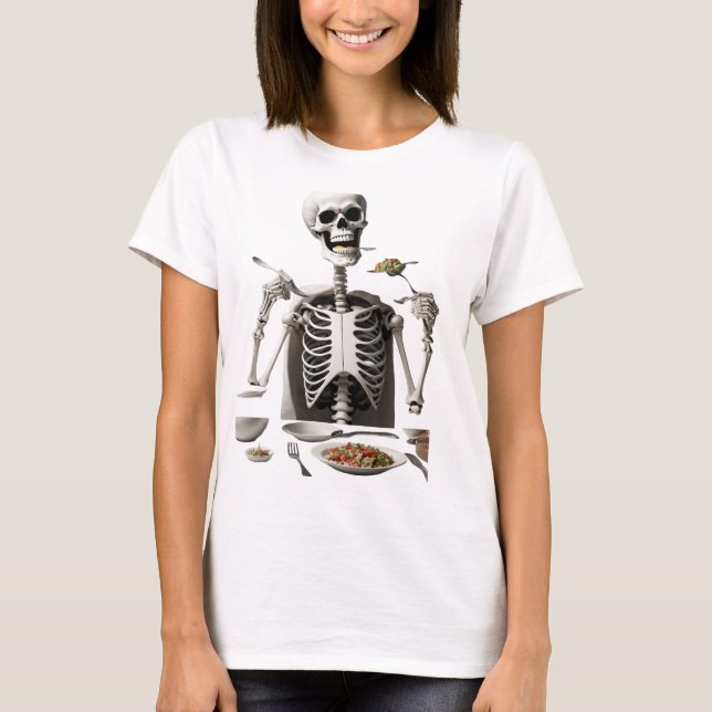 Seleton enjoying a meal exaggerated expressions T-Shirt (Front)