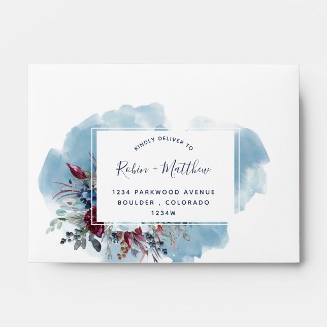 Self-Addressed RSVP, Blue Burgundy Purple Floral Envelope (Front)