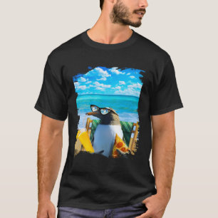 Self-Care Penguin Drinking Eating Pizza On Beach T-Shirt
